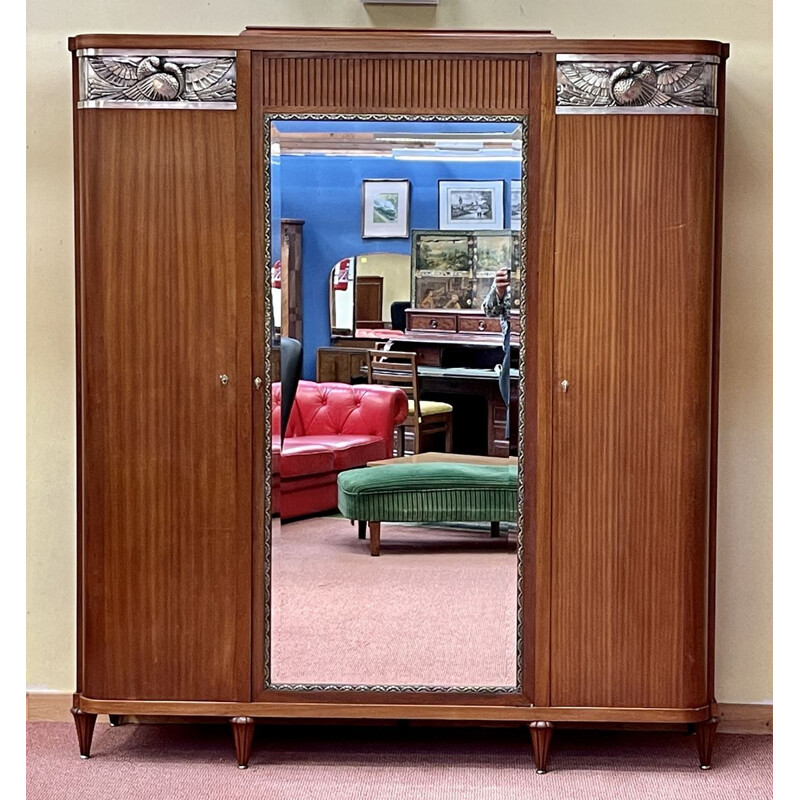 Ensemble de chambre à coucher vintage Art déco en acajou à décor d'oiseaux, 1930