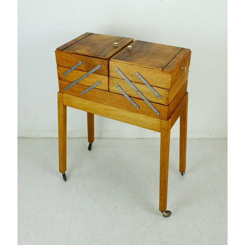 Vintage oakwood and walnut sewing cart, 1930s
