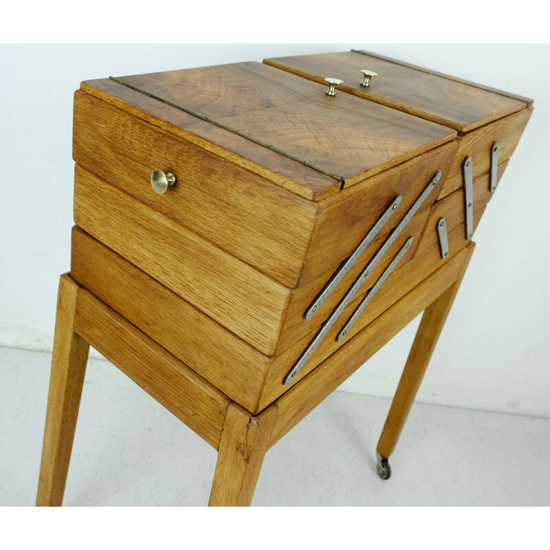 Vintage oakwood and walnut sewing cart, 1930s