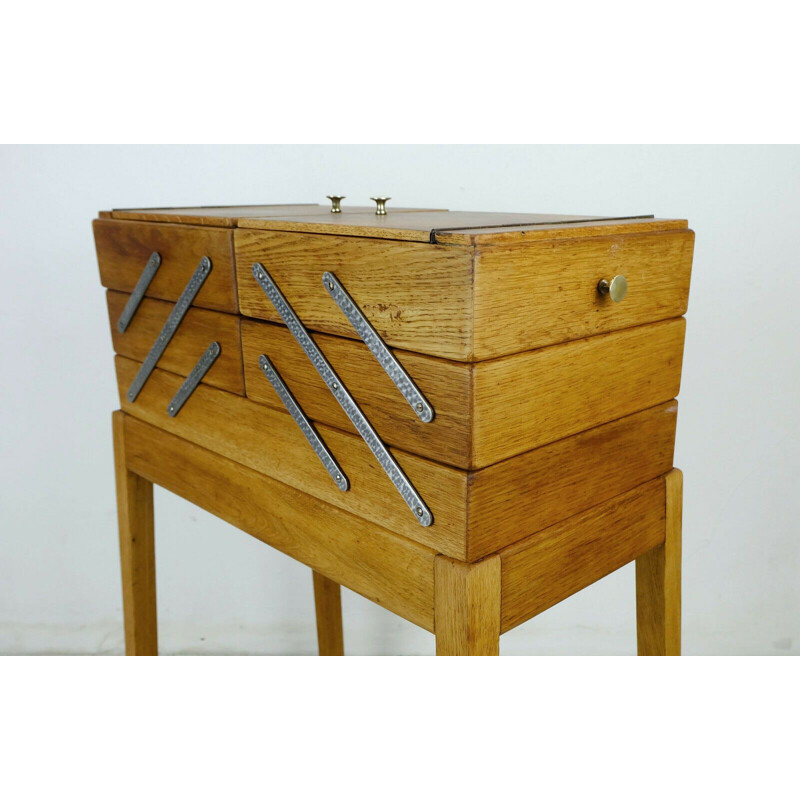 Vintage oakwood and walnut sewing cart, 1930s