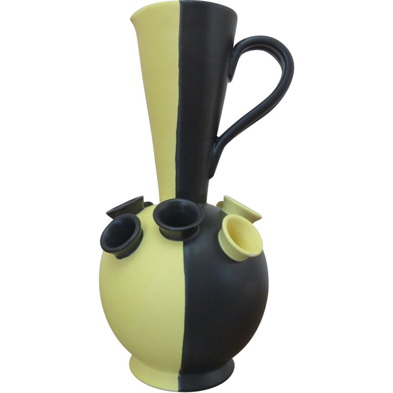 Vase vintage en céramique noire et jaune mat, 1950