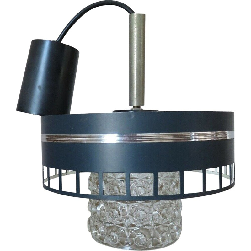Scandinavian vintage pendant lamp in textured glass and lacquered metal, 1960-1970