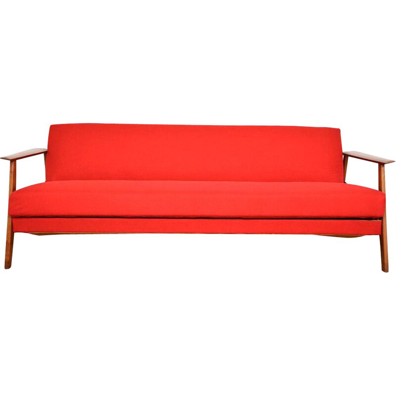 Canapé scandinave vintage convertible en teck et tissu d'ameublement rouge, 1960