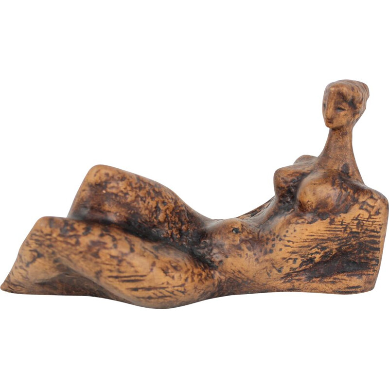 Vintage glazed clay sculpture of a seated nude woman, Czechoslovakia 1960