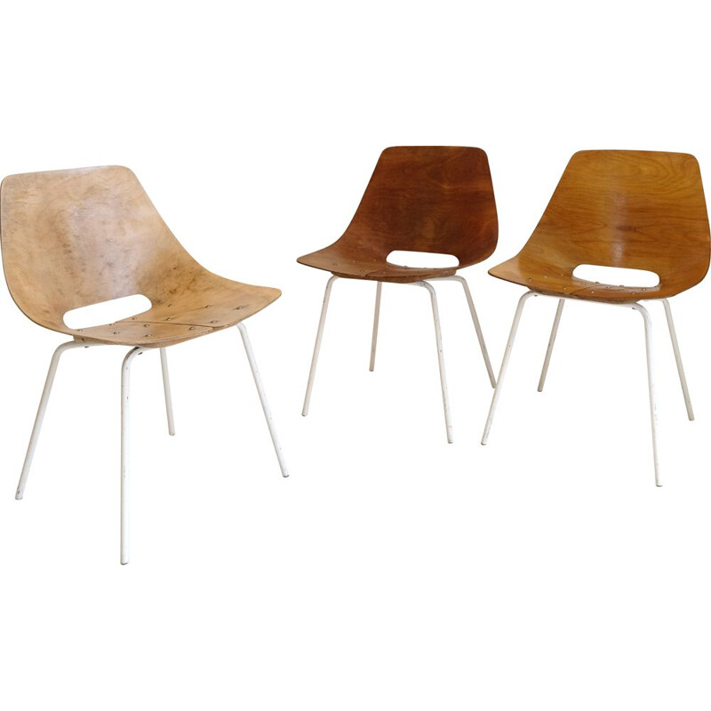 Set of 3 vintage Tonneau chairs by Pierre Guariche, 1955