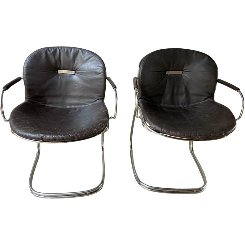 Pair of vintage armchairs in chrome and leather by Gastone Rinaldi, 1970