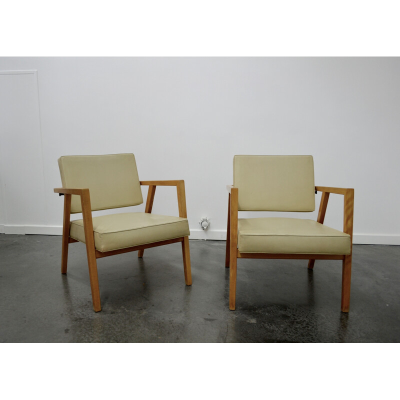 Paire de fauteuils Knoll en hêtre et simili cuir beige, Franco ALBINI - 1940