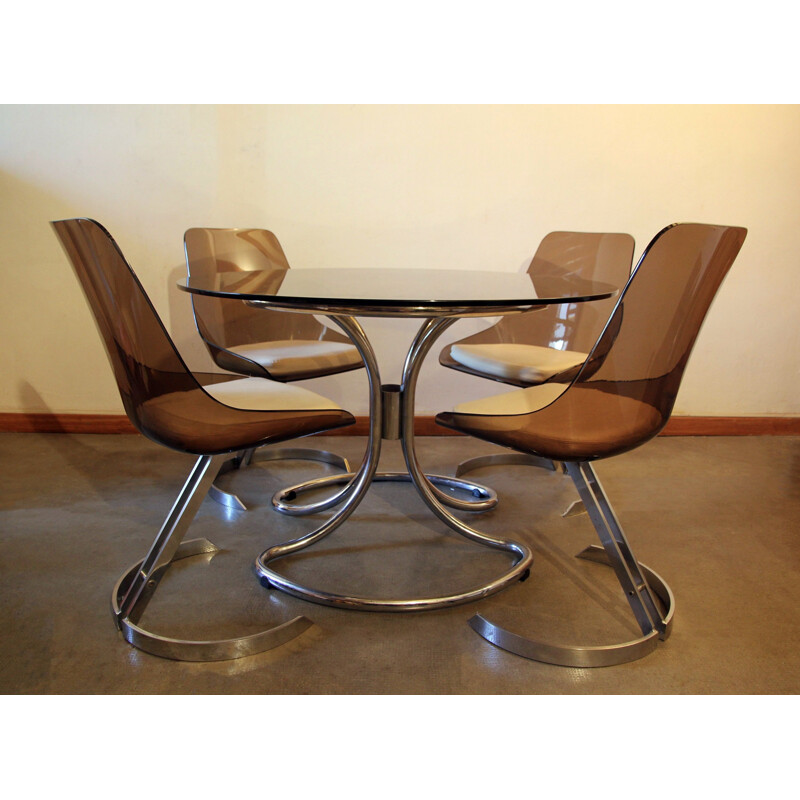 Vintage dining room set table and 4 plexiglass chairs, 1970s