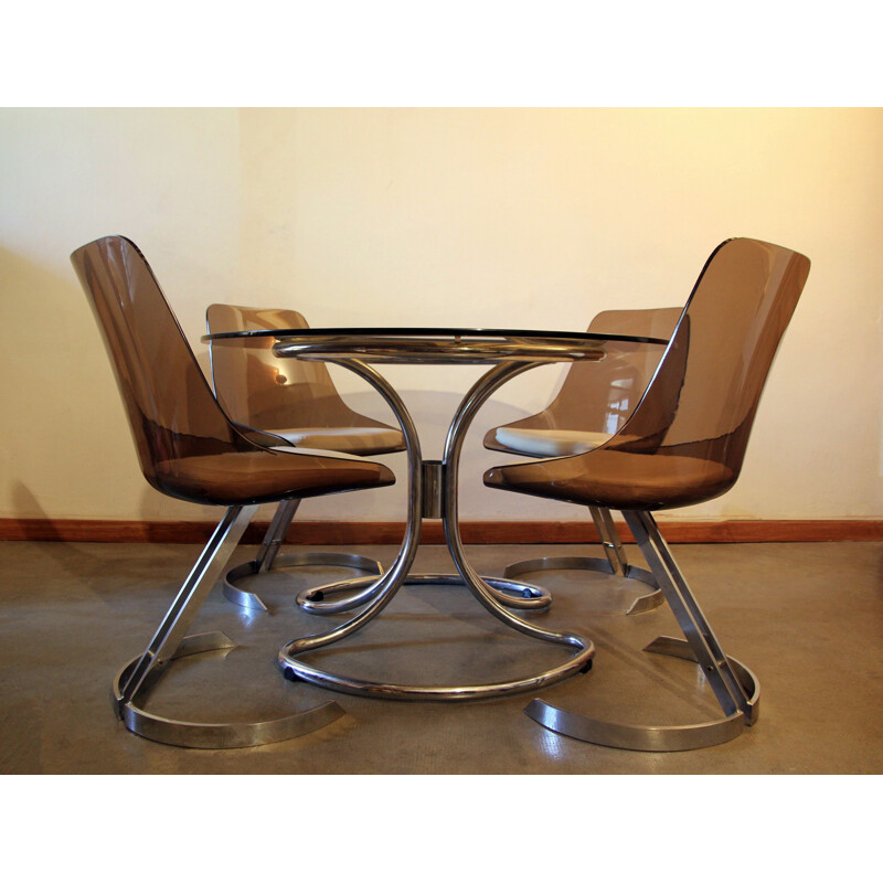Vintage dining room set table and 4 plexiglass chairs, 1970s
