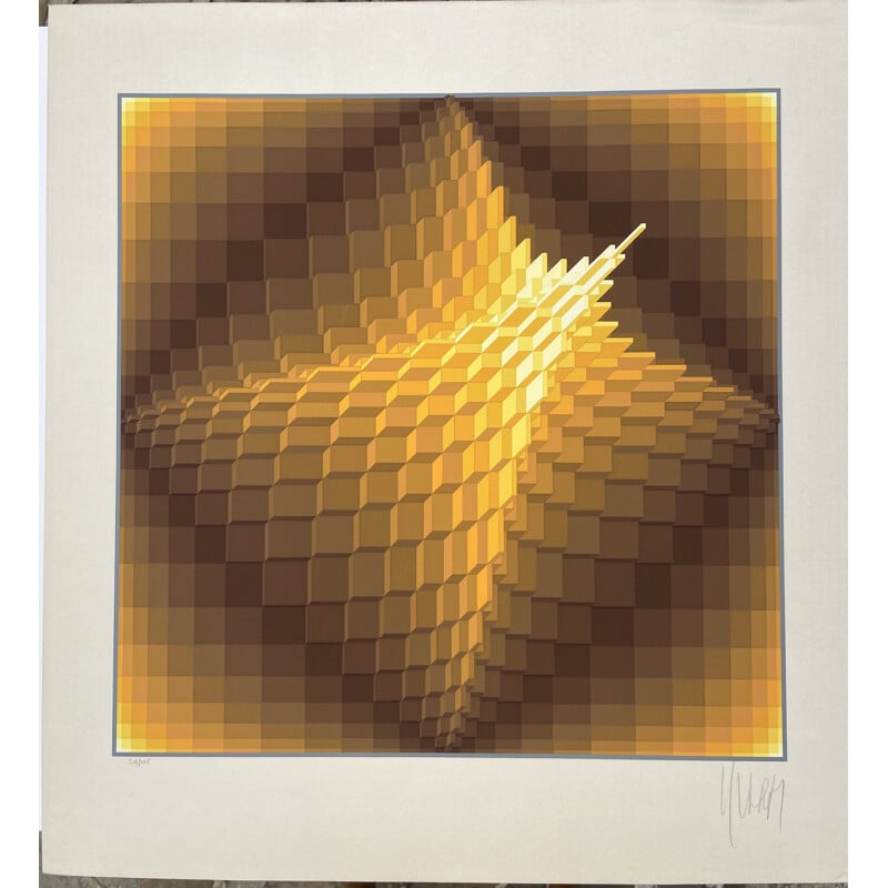 Vintage Pyramid lithograph by Yvaral dit Jean-Pierre Vasarely, 1974s