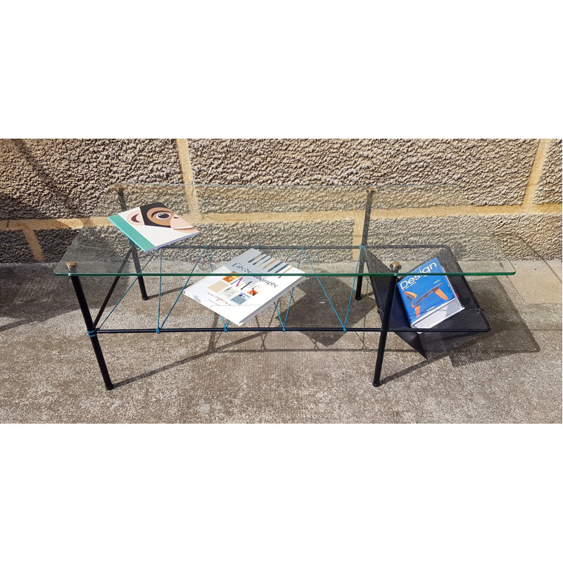 Vintage glass coffee table with magazine holder by Pierre Guariche, 1950