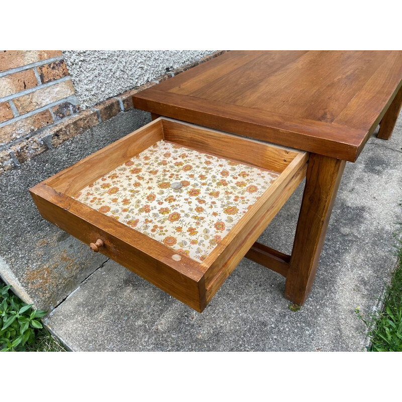 Table de ferme vintage en chêne massif avec 2 tiroirs
