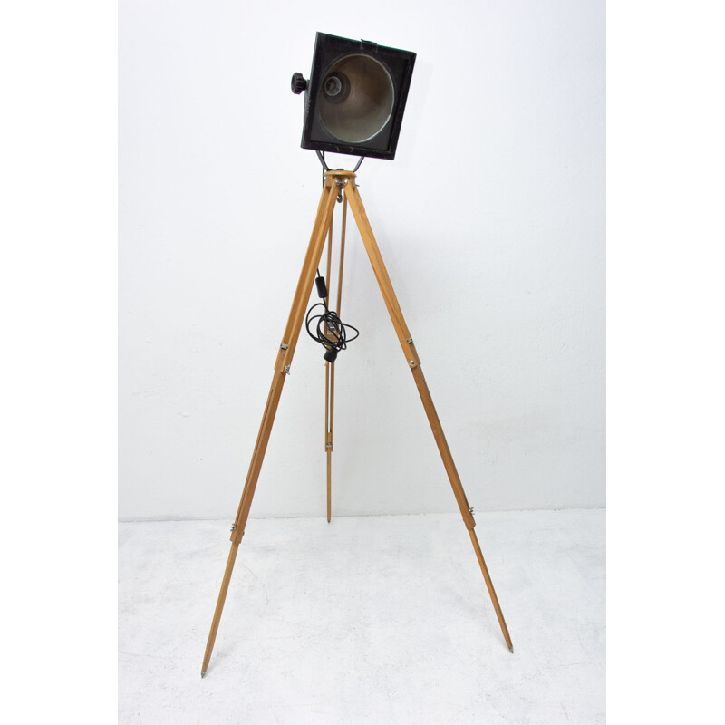 Mid-century black industrial spot light tripod floor lamp, 1970s