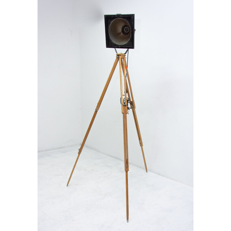 Mid-century black industrial spot light tripod floor lamp, 1970s