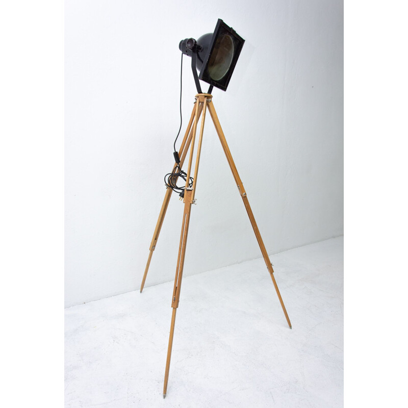 Mid-century black industrial spot light tripod floor lamp, 1970s