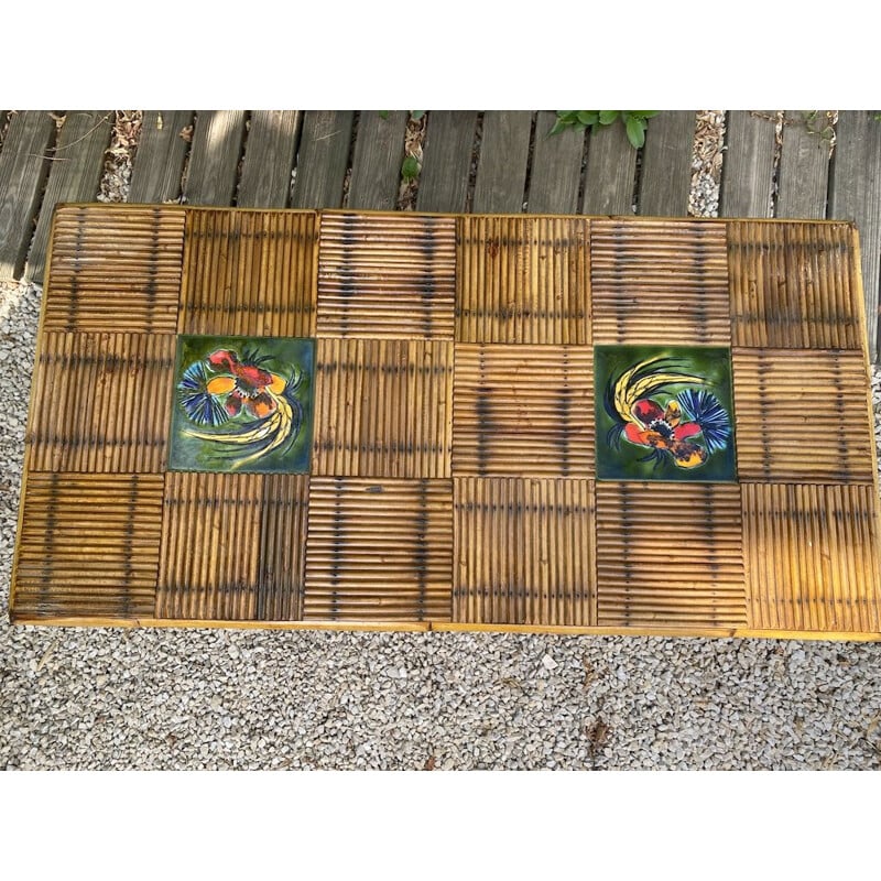 Table basse vintage en bambou et céramique Vallauris par Audoux Minet, 1960