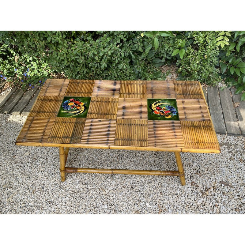 Table basse vintage en bambou et céramique Vallauris par Audoux Minet, 1960