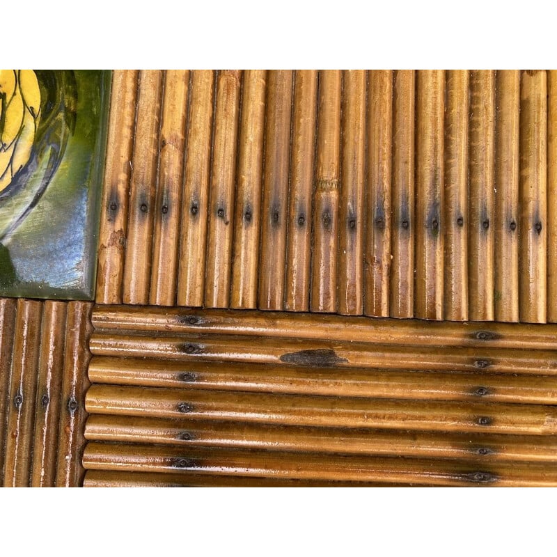 Table basse vintage en bambou et céramique Vallauris par Audoux Minet, 1960
