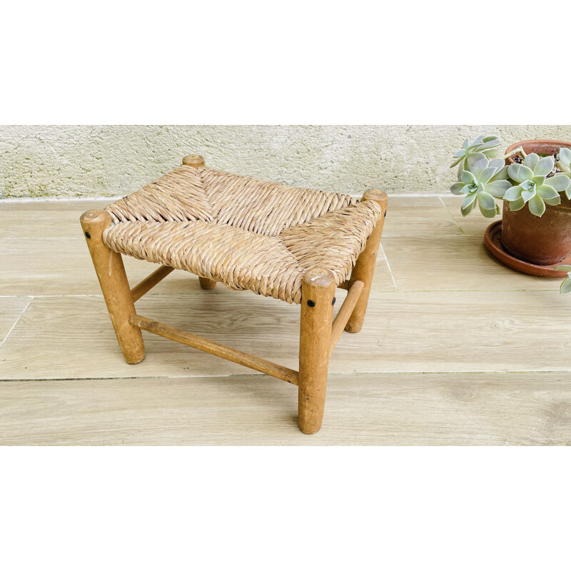 Small vintage stool in wood and straw