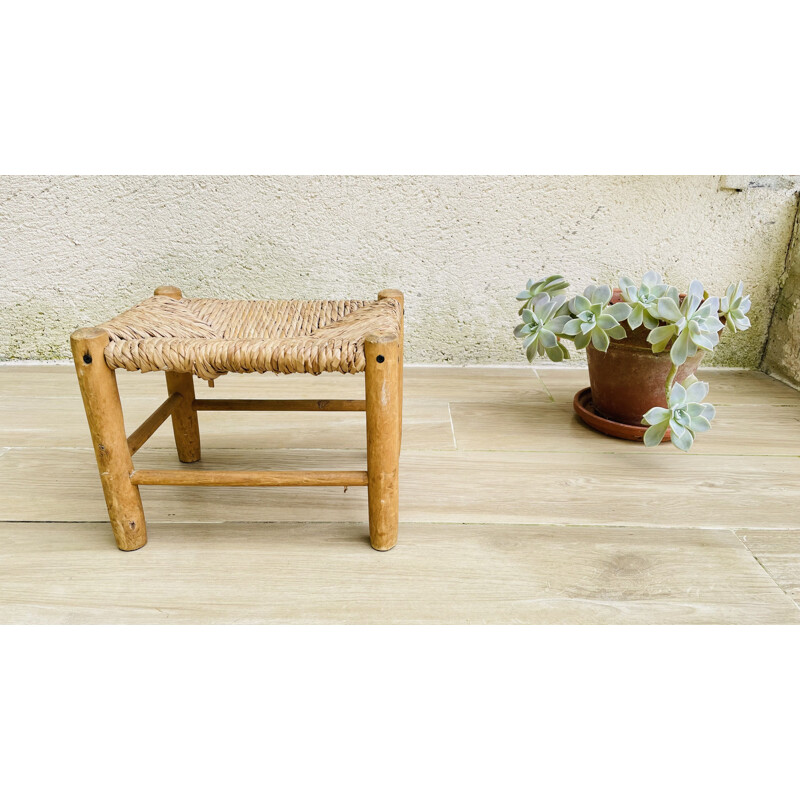 Petit tabouret vintage en bois et paille