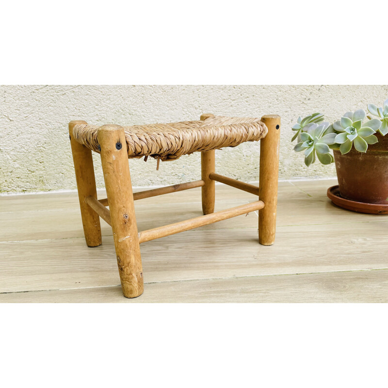 Small vintage stool in wood and straw