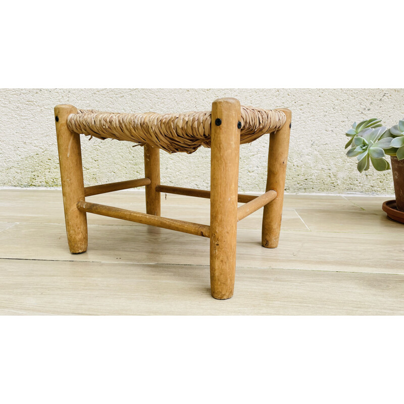 Small vintage stool in wood and straw