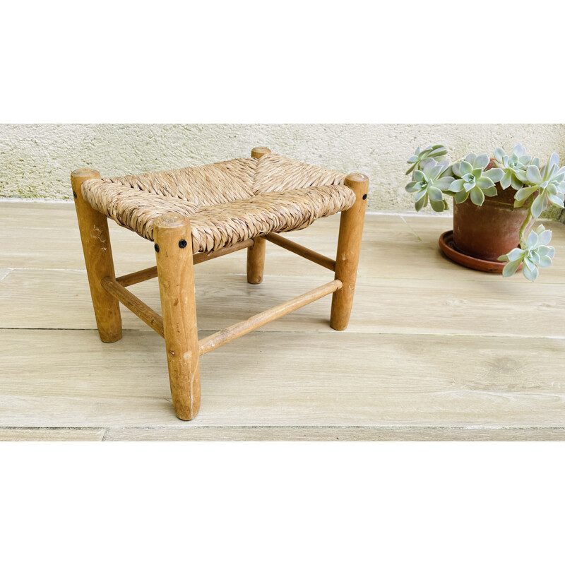 Small vintage stool in wood and straw