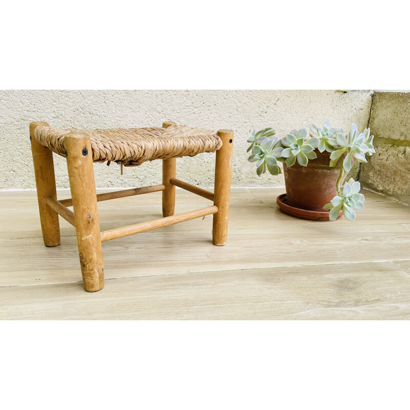 Small vintage stool in wood and straw