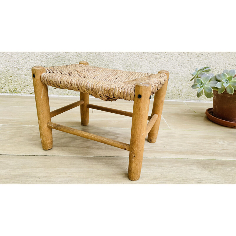 Small vintage stool in wood and straw