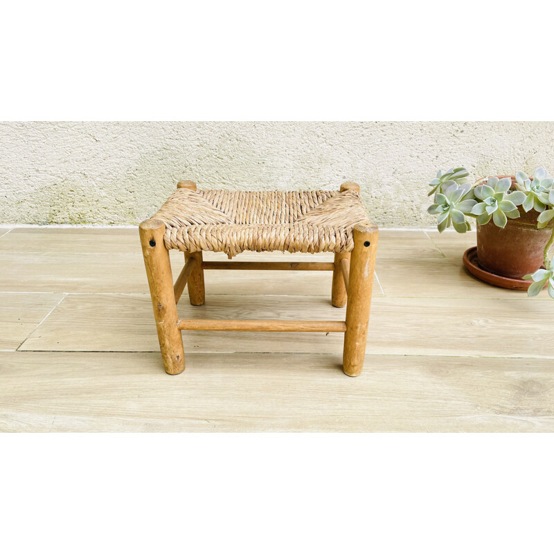 Small vintage stool in wood and straw