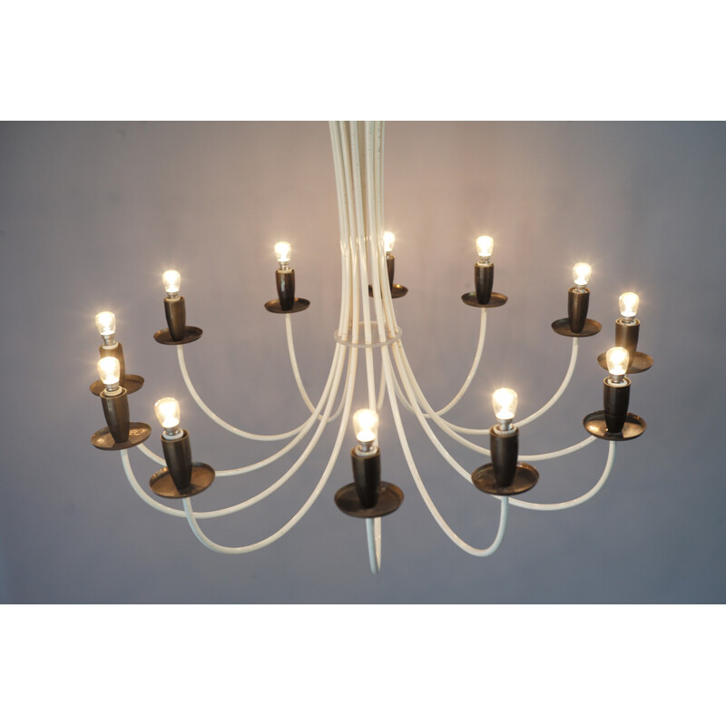 Italian chandelier in white lacquered metal with 12 lights - 1950s