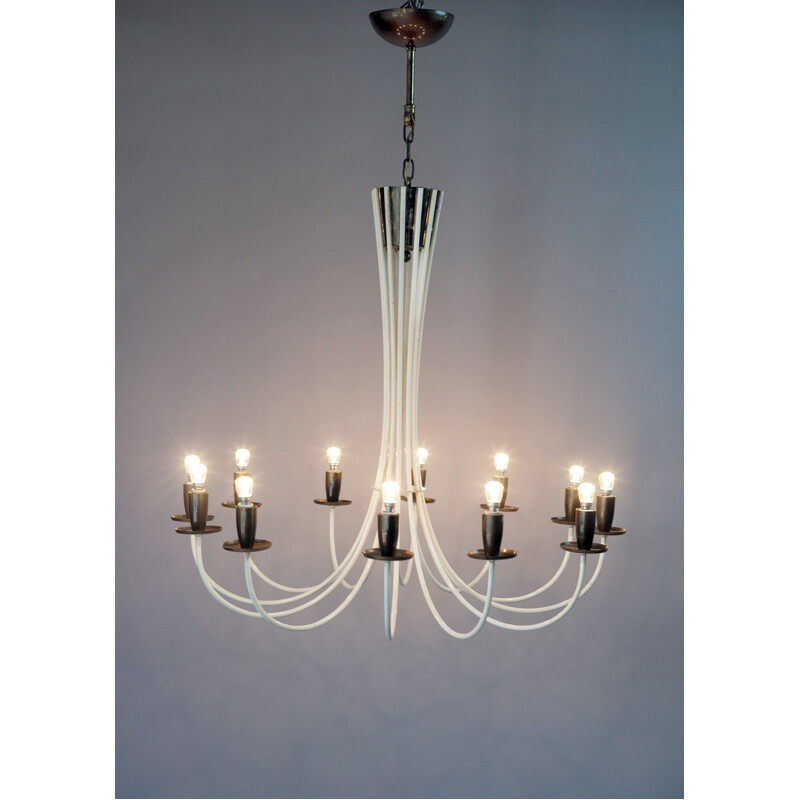 Italian chandelier in white lacquered metal with 12 lights - 1950s