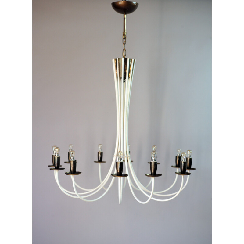 Italian chandelier in white lacquered metal with 12 lights - 1950s