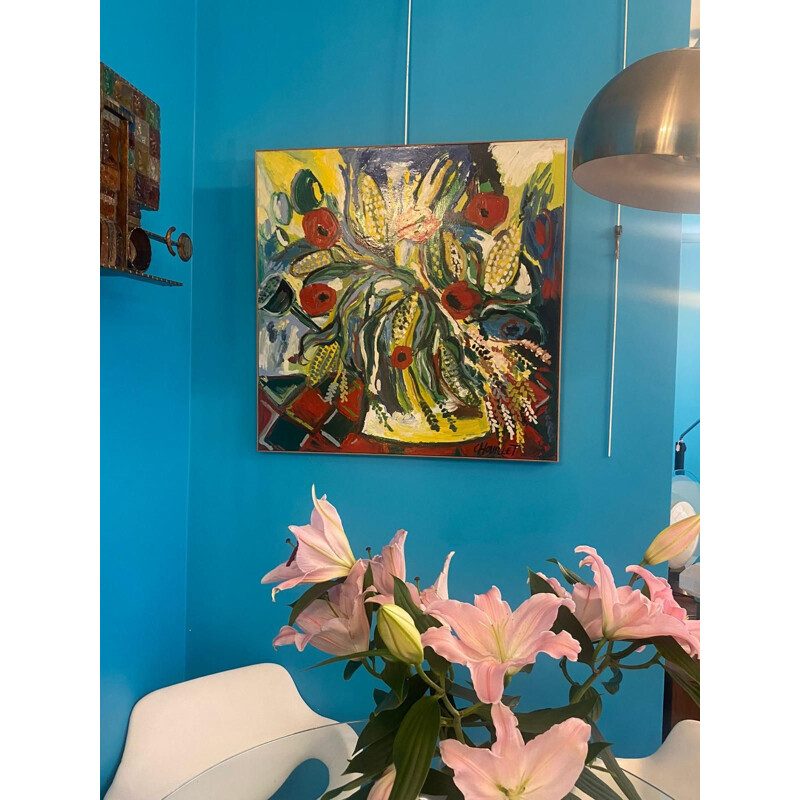 Vintage acrylic flowers on canvas by Céline Chourlet