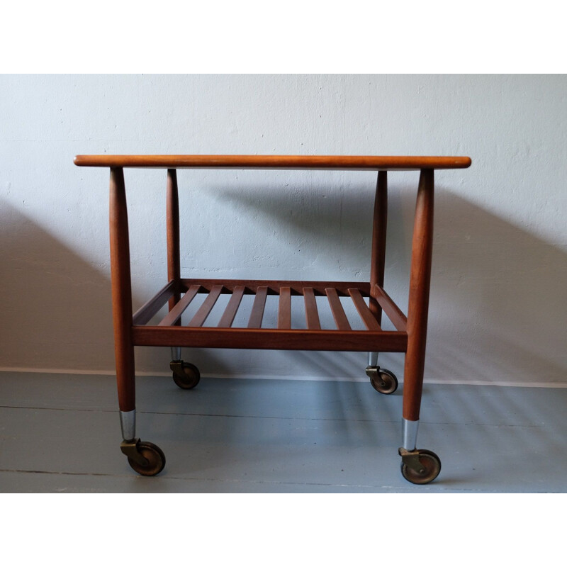 Mid-century danish teak serving trolley with slatted shelf brass wheels, 1960s