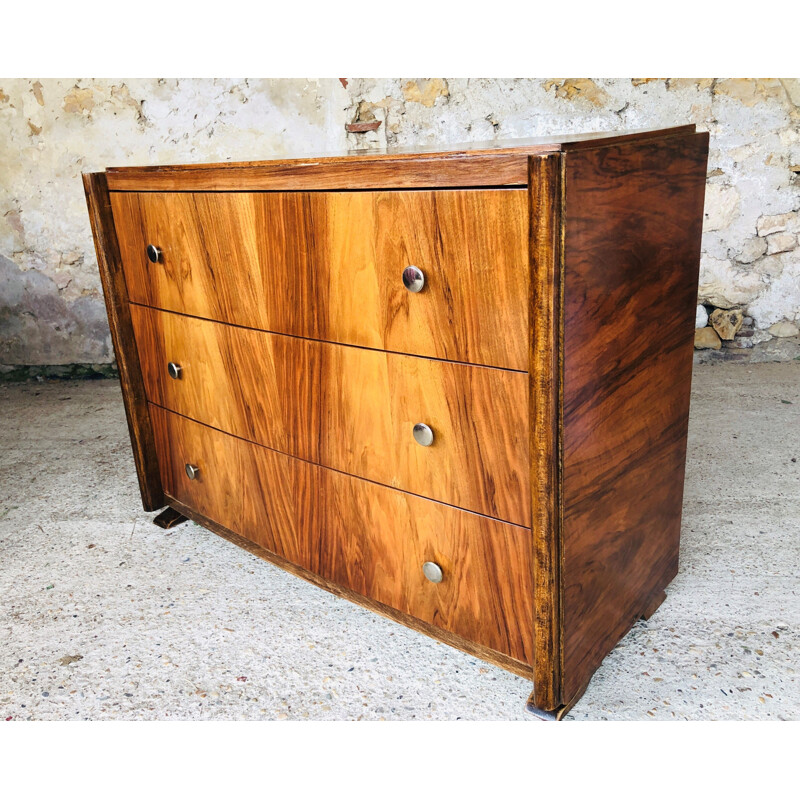 Vintage Art flamed walnut veneer chest of drawers, 1930-1940s