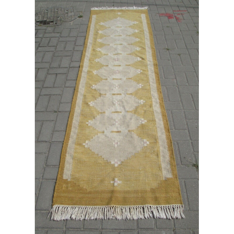 Vintage hand-knotted wool rug its size 270 x76 from Scania, Sweden 1960