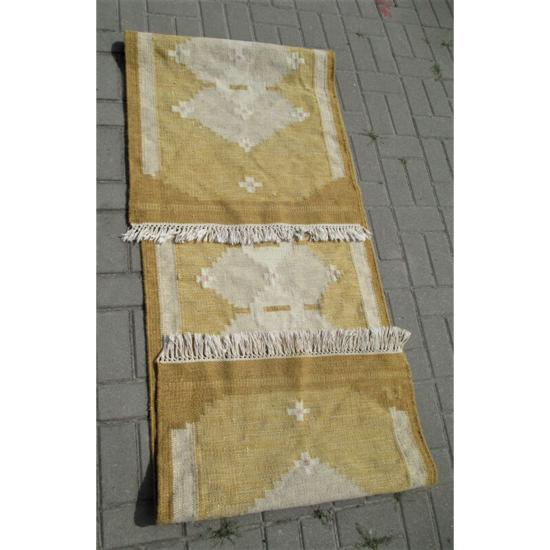 Vintage hand-knotted wool rug its size 270 x76 from Scania, Sweden 1960
