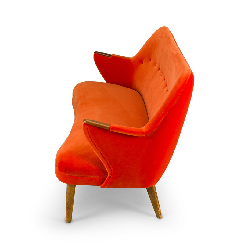 Mid-century velvet orange 3-seat sofa by CFC Silkeborg, 1960s