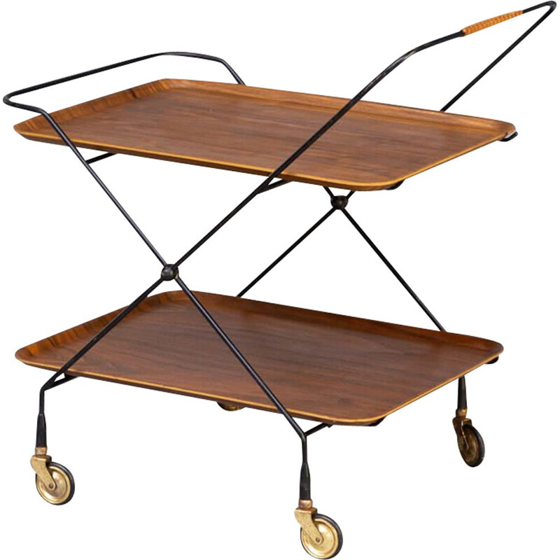 Vintage metal foldable serving trolley tray table for Åry Fanérprodukter Nybro, 1950s 