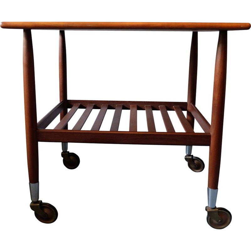 Mid-century danish teak serving trolley with slatted shelf brass wheels, 1960s