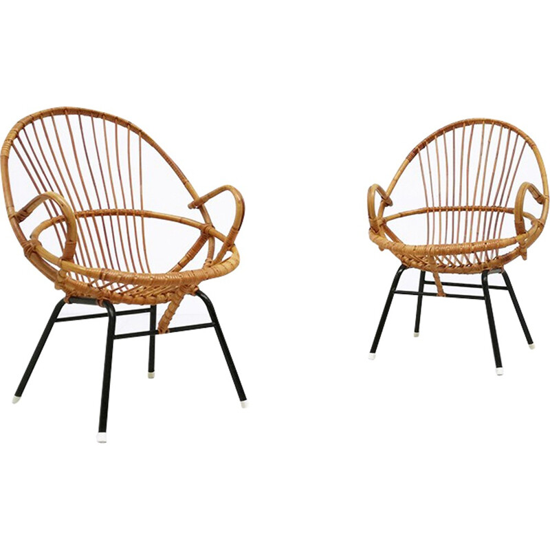 Pair of Rohé armchairs in rattan, Dirk Van Sliedregt, Dirk VAN SLIEDREGT - 1960s