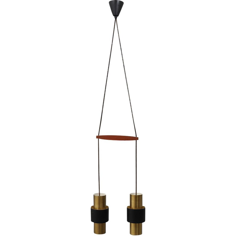 Vintage brass lacquered metal and teak zenith bar pendant lamp by Jo Hammerborg for Fog and Morup, Denmark 1960