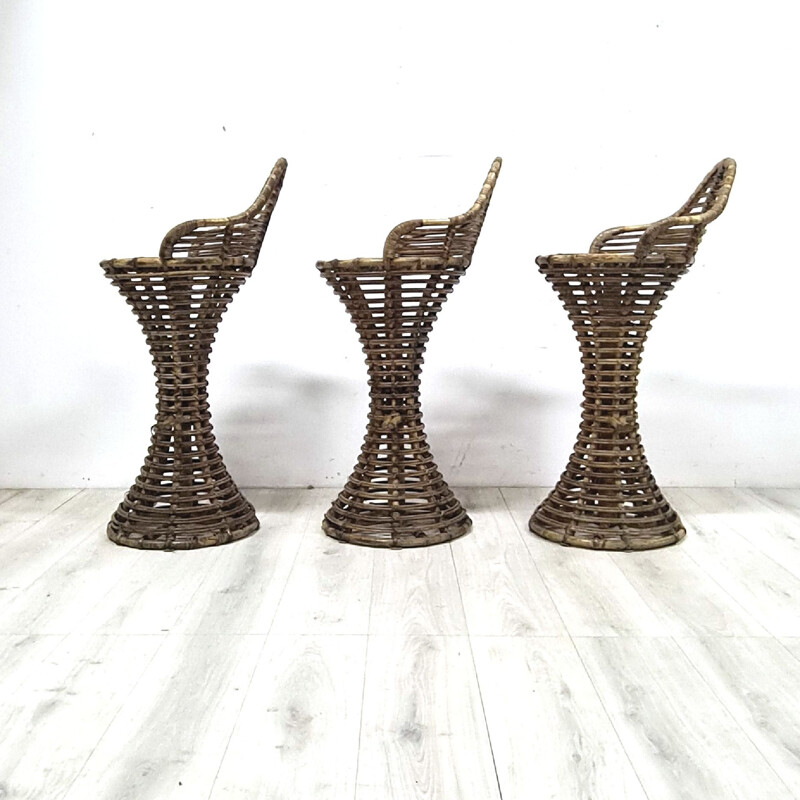 Set of 3 mid-century rattan bar stools