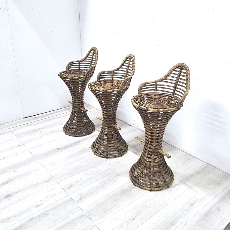 Set of 3 mid-century rattan bar stools