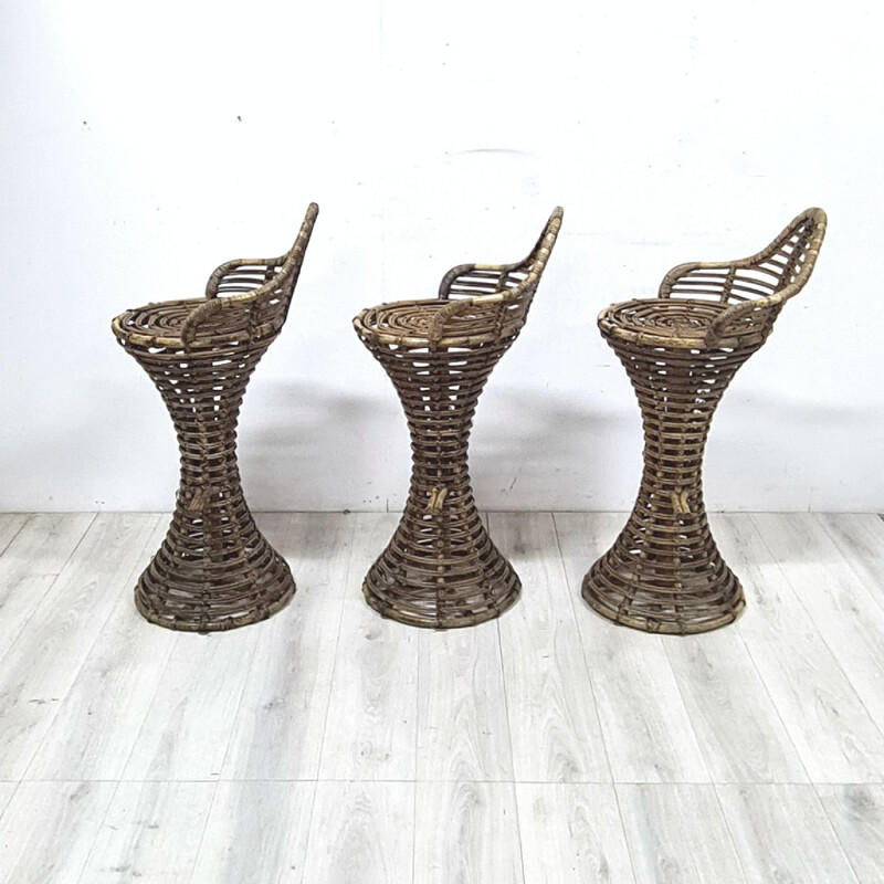 Set of 3 mid-century rattan bar stools