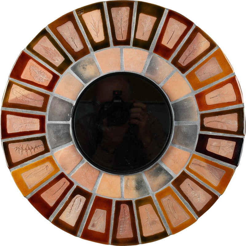 Round Mirror in Terracotta with Leaves, Roger CAPRON - 1960s
