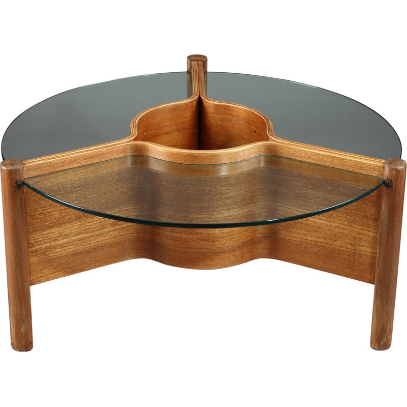 Table basse Nathan en bois thermoformé et verre - 1960