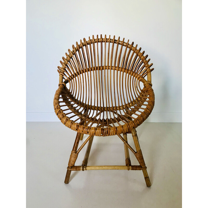 Vintage schelp fauteuil in rotan van Franco Albini, Italië 1960