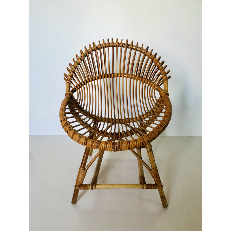 Cadeirão de concha Vintage em rotim por Franco Albini, Itália 1960